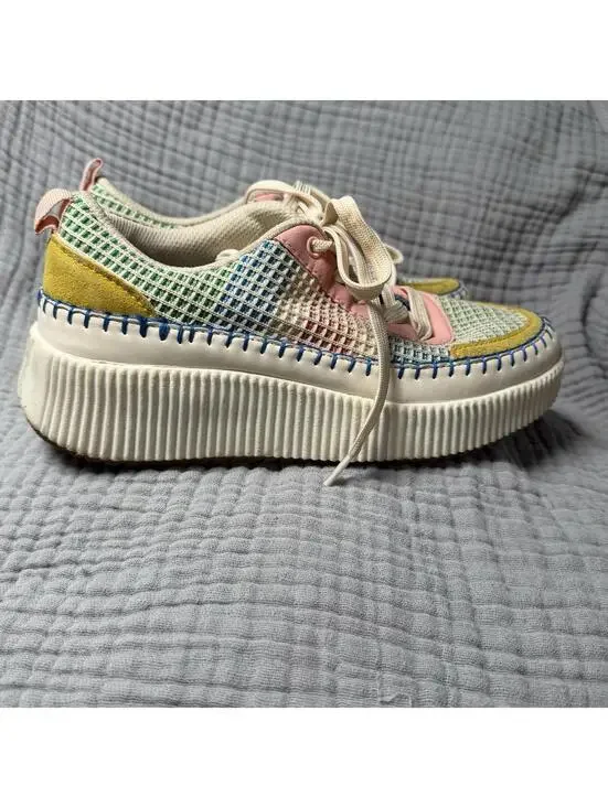 LUCKY STEP Women's Platform Sneakers Pink/Yellow Multi Knit Walking Shoes Sz 9 - Picture 4 of 9